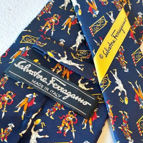 Salvatore Ferragamo Venetian Court Jesters Blue Silk Mens Tie 60" x 4" Designer - Picture 4 of 6